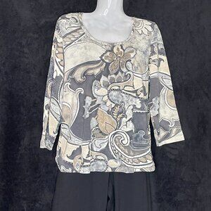 Top Story Stretch Tee Scoop Neck Muted Grey Taupe Beige Large Floral Print